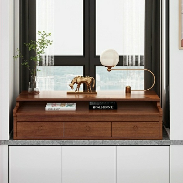 Baywindow cabinet table of brown oak like colour capable of pulling outwards