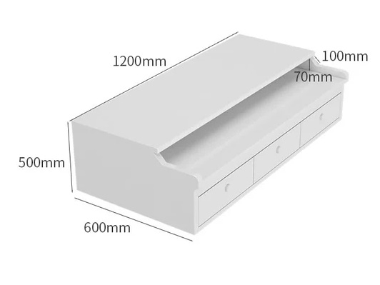 Baywindow cabinet table of white colour capable of pulling outwards with detailed dimensions